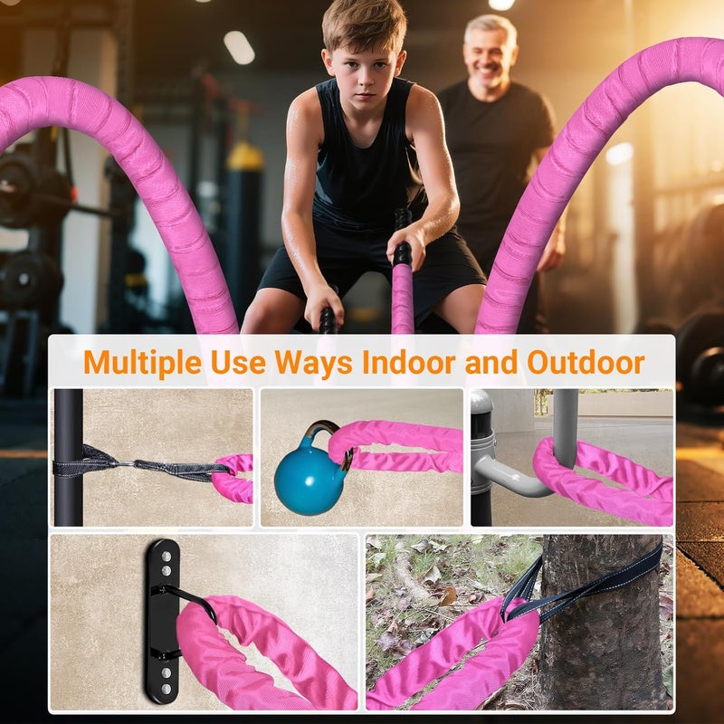 Keepark Battle Ropes for Home Gym 1 Inch Diameter 30FT Length Workout Rope Exercise Rope Training Ropes with Protective Sleeve for Kids Men Women Exercise Fitness & Strength Training-Pink - Image 4